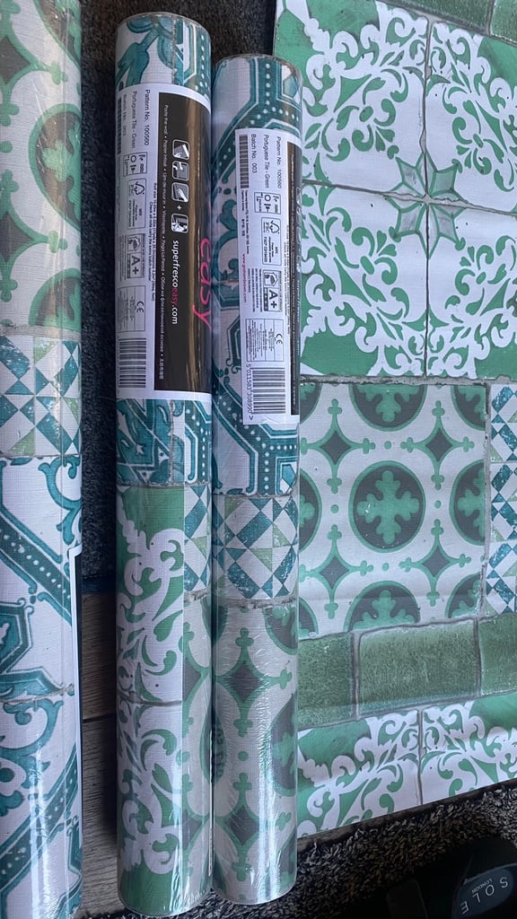 3 rolls of green Portuguese tile effect wallpaper 