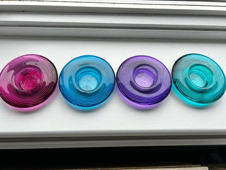 image for Set Of 4 Jewel Coloured Ribbed Heavy Glass Tea Light Holders- 12 cm Diameter