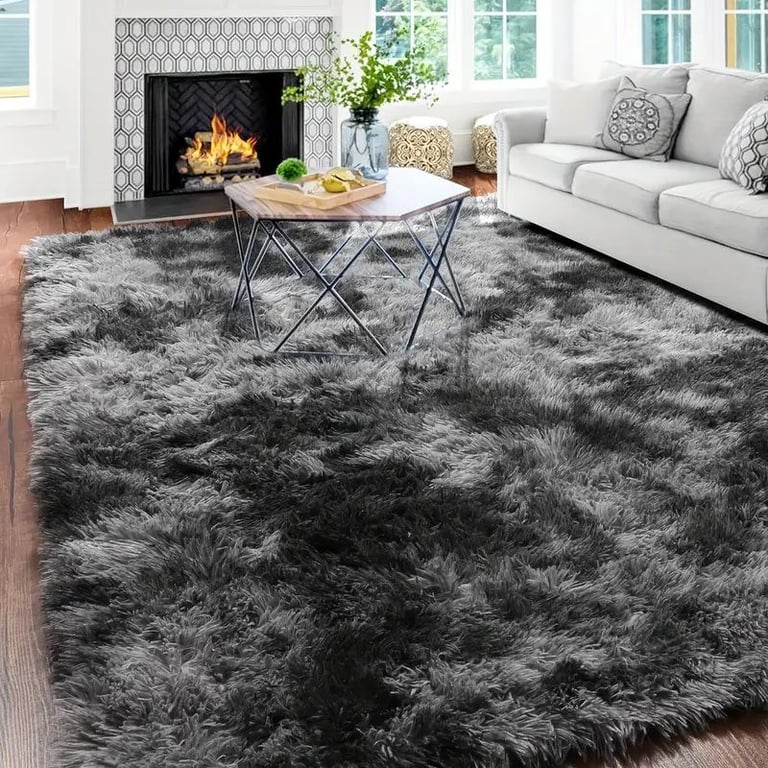 image for 1 Large Fluffy Black Rug (120x160cm) - Polyester Living Room Decoration