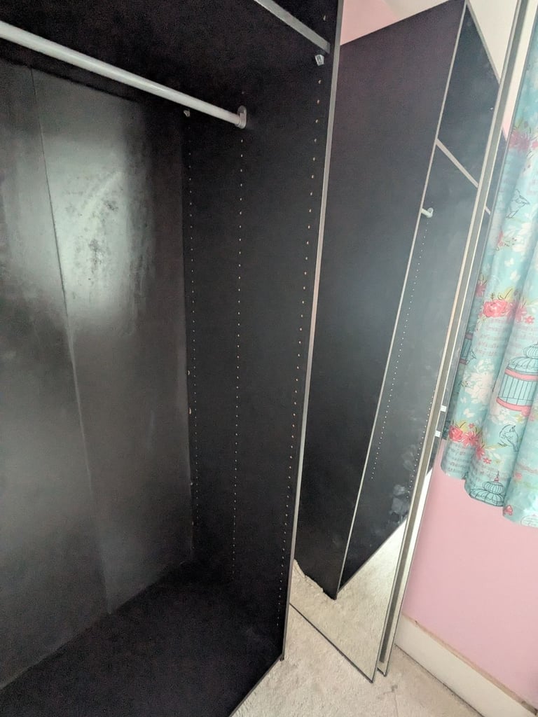 Black Ikea Pax 3 sliding mirror doors triple wardrobe 5 shelfs 3 rails 4 baskets