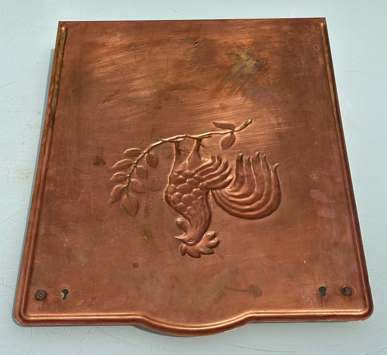 VINTAGE FRENCH COPPER KITCHEN UTENSIL RACK, COQ, COCKEREL HANGING RAIL - 49x37cm - WILL POST!