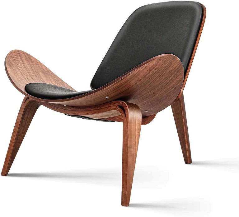 image for Hans Wenger style CH07 Shell Smile Lounge Chair – Walnut Wood & Black PU Leather - NEW