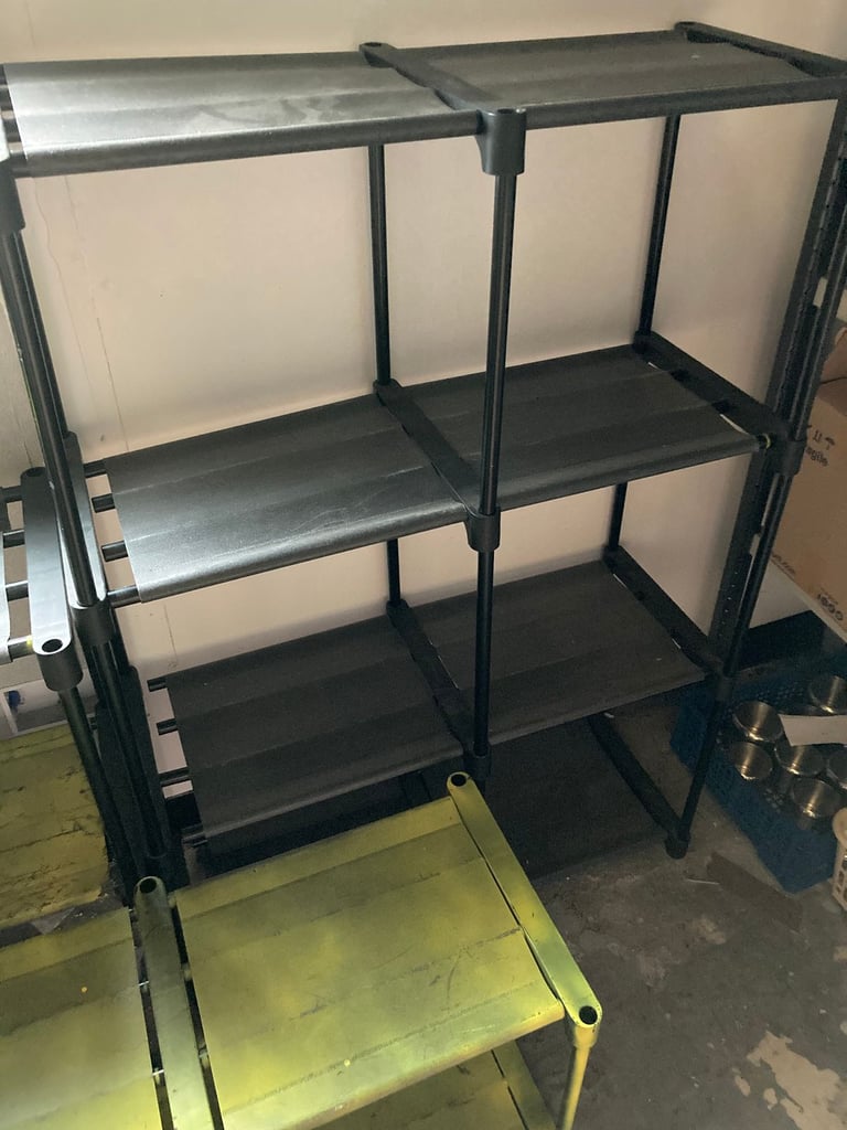 FOUR PLASTIC/MATERIAL DISPLAY STANDS GREEN/BLACK FOR SHOP RETAIL DISPLAY