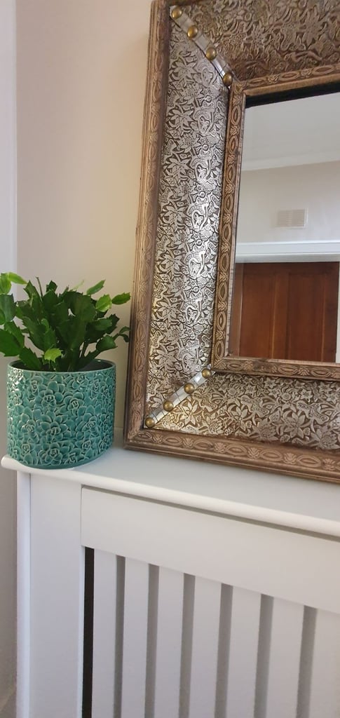 REDUCED £85.00 Large wood boxed medieval/arts and crafts style mirror