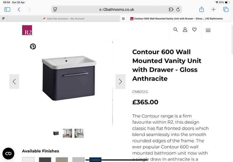 Roper Rhodes Anthracite wall hung vanity 600, Carrara marble like counter, basin, mixer & waste