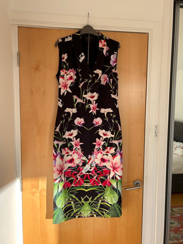 image for Ted Baker Size 12 black and pink/light purple lily floral dress Lined