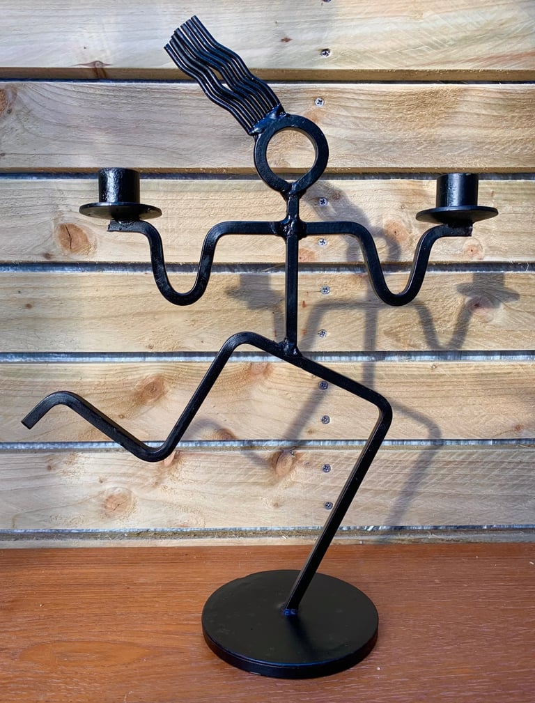Vintage Danish Post Modern Wrought Iron Metal Running Man Candle Holder by Scardy 80s
