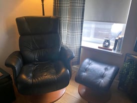 Leather/Wood Swivel Armchair + Foot Stool Late 90s Model (Open to offe