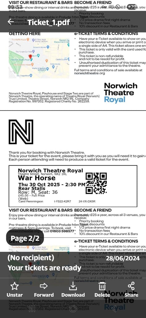 War Horse Ticket for sale