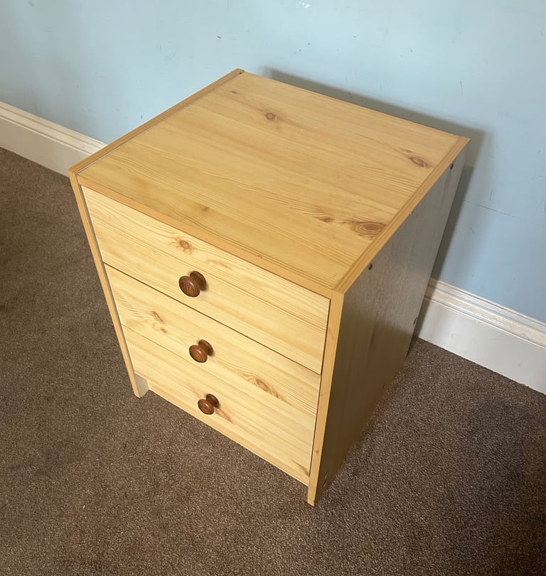 image for 1 Pine Effect Bedside with 3 Drawers H21in/54cm W17in/43cm D15.5in/39cm Good condition   C414
