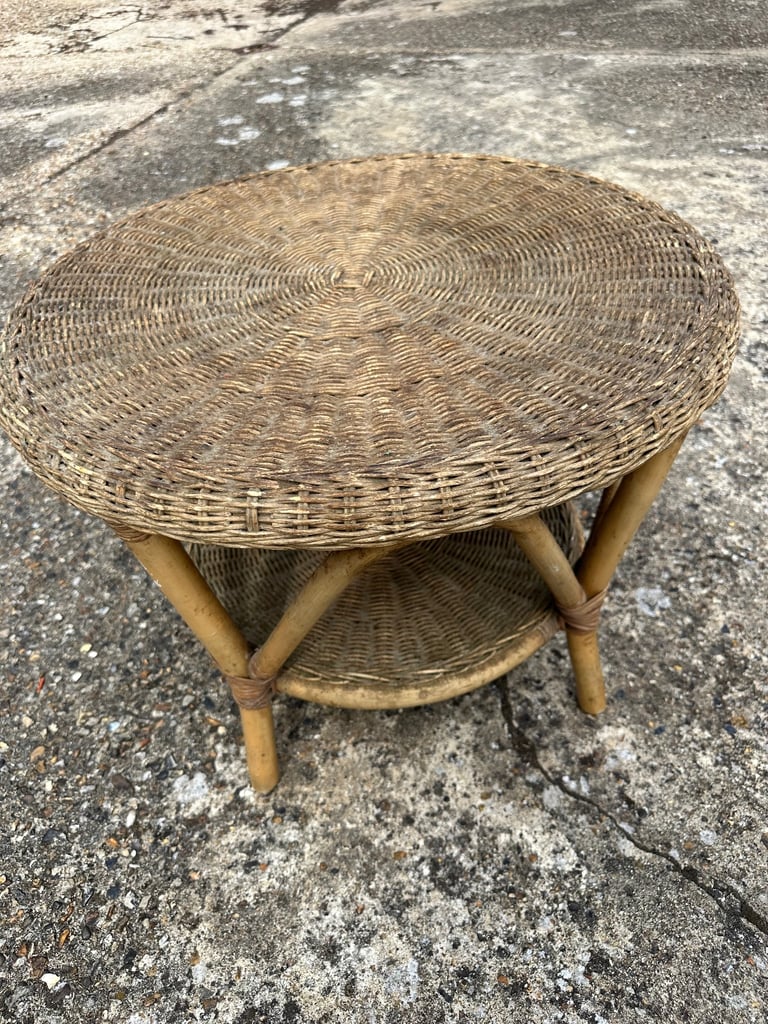 image for VINTAGE  ROUND CIRCULAR BAMBOO & WICKER COFFEE TABLE SIDE TABLE 60 cm diameter 