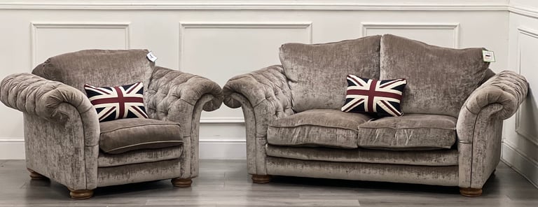 image for DFS Mink Velvet Chesterfield Sofa and Chair- DELIVERY AVAILABLE 🚚