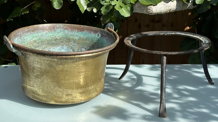 LARGE ANTIQUE FRENCH COPPER CAULDRON & STAND, LOG BUCKET, PLANTER, L58cm - 1900s - WILL POST!