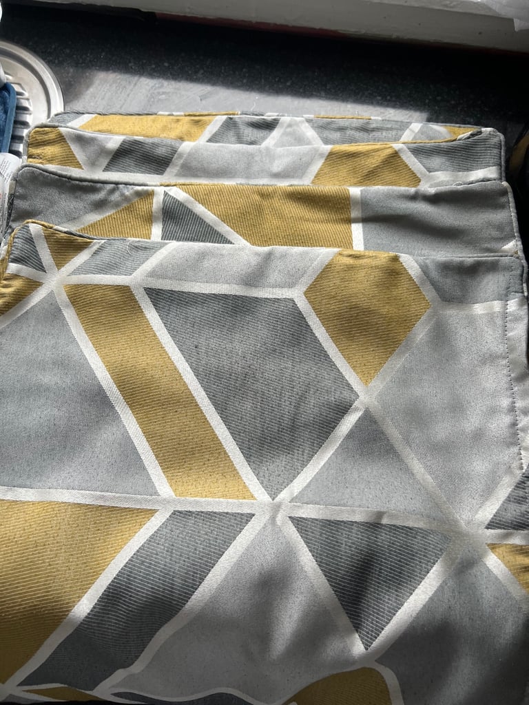 Grey / Silver / Mustard Geometric curtains cushion covers and throws