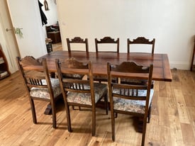 Solid Oak Wooden Refectory Dining Table With 6 Fabric Padded Studded Chairs