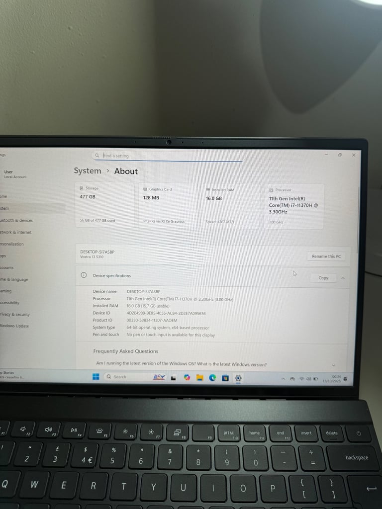 Dell Vostro 13 5310 Intel i7 11370H 4.8ghz,16gb ram,512gb nvme storage,Windows 11