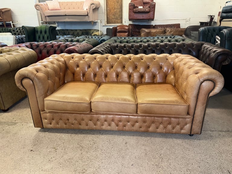 Saxon chesterfield tan real leather three seater sofa