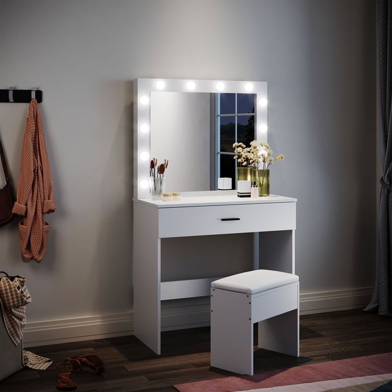 New White LED Makeup Desk + Stool and Mirror RRP £200 Our Price £115
