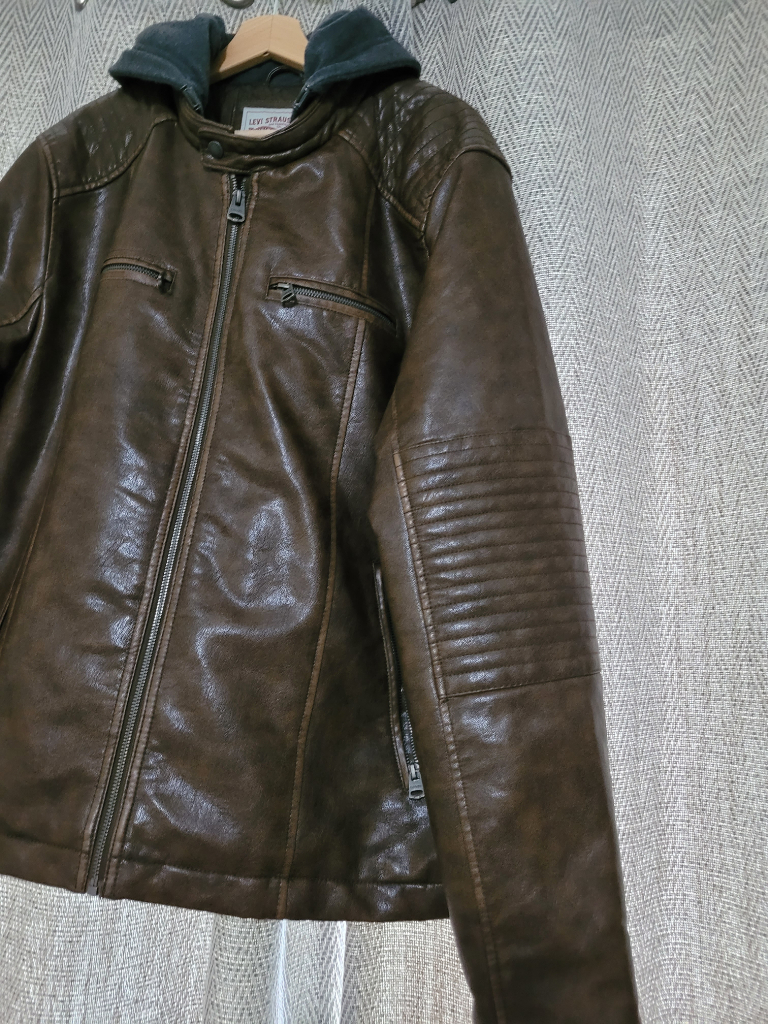 Levi's Brown Faux Leather Hooded Racer Jacket - Size Small - Saddle ...