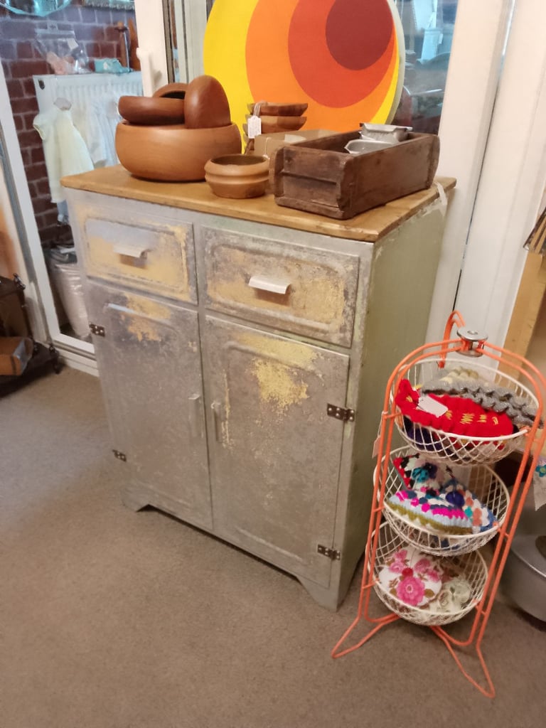 image for Industrial Metal Cabinet.  Waxed wooden top. 