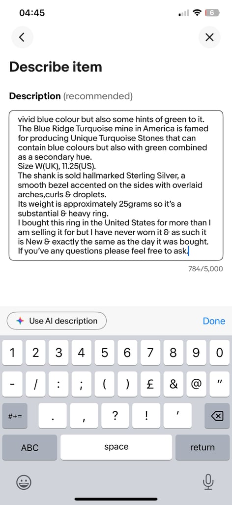 Handcrafted Blue Ridge Turquoise Stone & Sterling Silver Ring,Size W/11.25,NEW