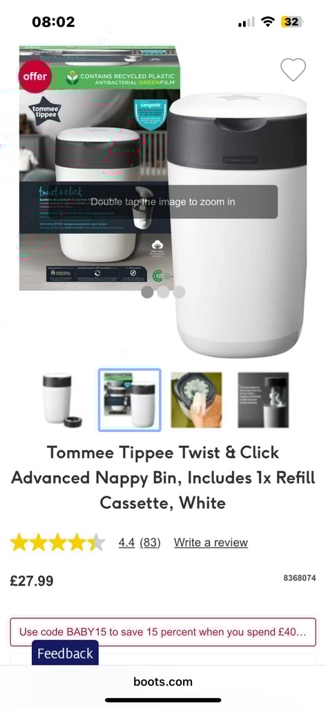 Tommee tippee nappy bin with half of a twist and click left 