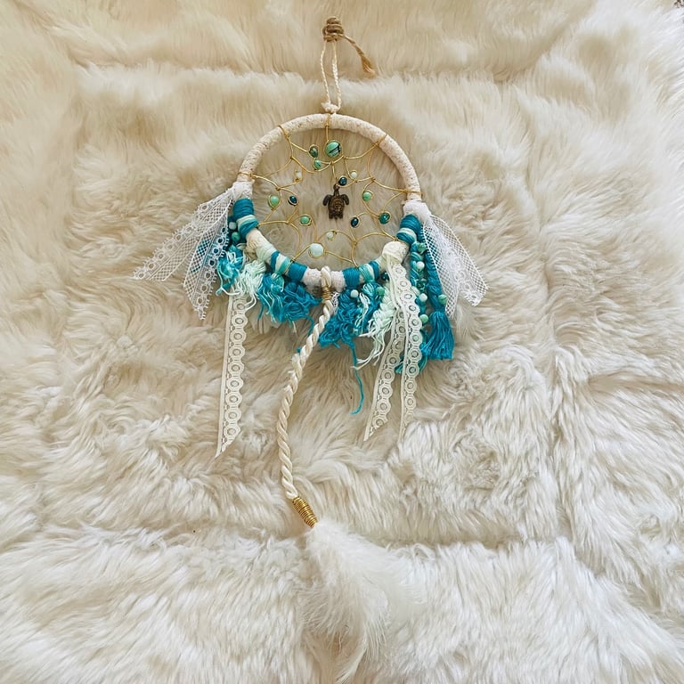 Handmade Sea Azure Turtle Charm Lace Feather Beaded Dream Catcher Up-cycled Decoration