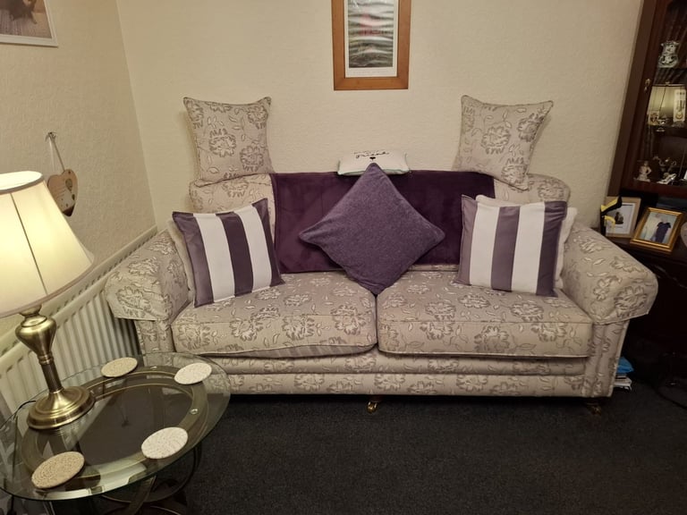 A poppy piece suite. Hand made tapestry sofa