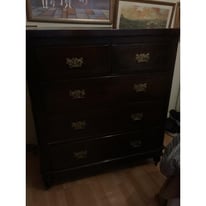 image for Mahogany veneer five drawer chest. Very good condition. On caster’s. 