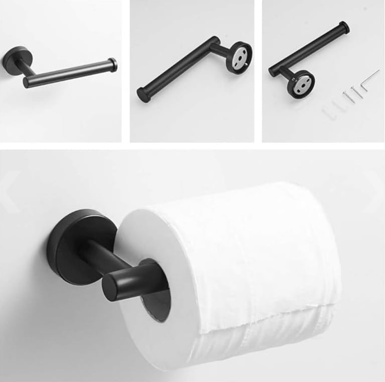 Black Bathroom Accessories Towel Rail Robe Hook Toilet Roll Holder, 3-Piece Set