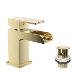 image for Kelvin Square Waterfall Mono Basin Mixer Tap with Waste - Brushed Brass RRP£110 Our Price £55