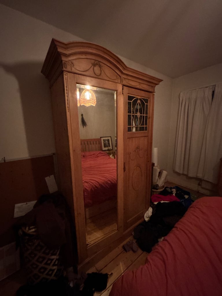 Vintage Art Nouveau large double pine wood wardrobe