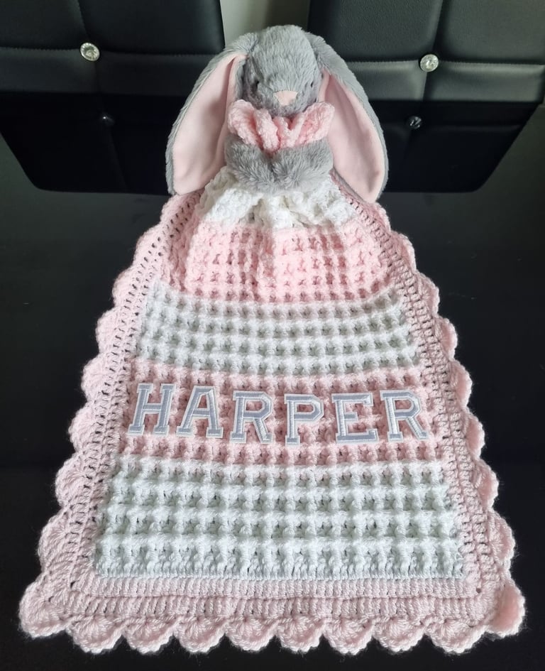 Crochet Baby Comfort Blanket, Personalised, Girls and Boys colours available