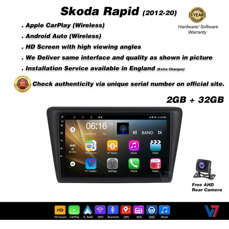 Skoda Rapid 2012-20 CARPLAY Android Auto HD Screen Head Unit GPS Stereo LCD Panel V7