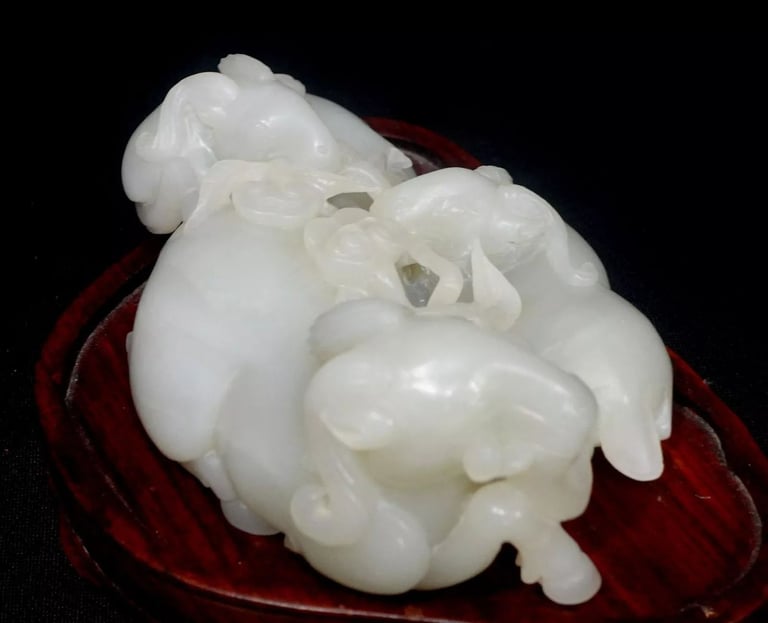 Antique Large & Heavy Chinese Hetain White/G Jade Carved Group "3 Rams" 19th C