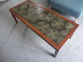 Unique Retro Vintage mid century teak coloured coffee table with enamelled metal top