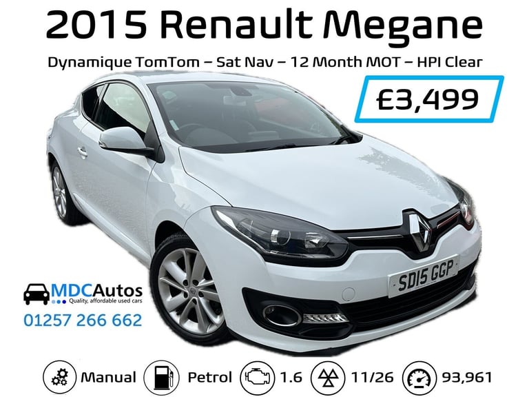 2015 Renault Megane 1.6 VVT Dynamique TomTom 3dr, 12M MOT, TOMTOM SAT NAV, FULL HISTORY, 2x KEY C...