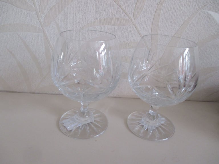 image for HAND CUT ETCHED LEAD CRYSTAL BRANDY GLASSES