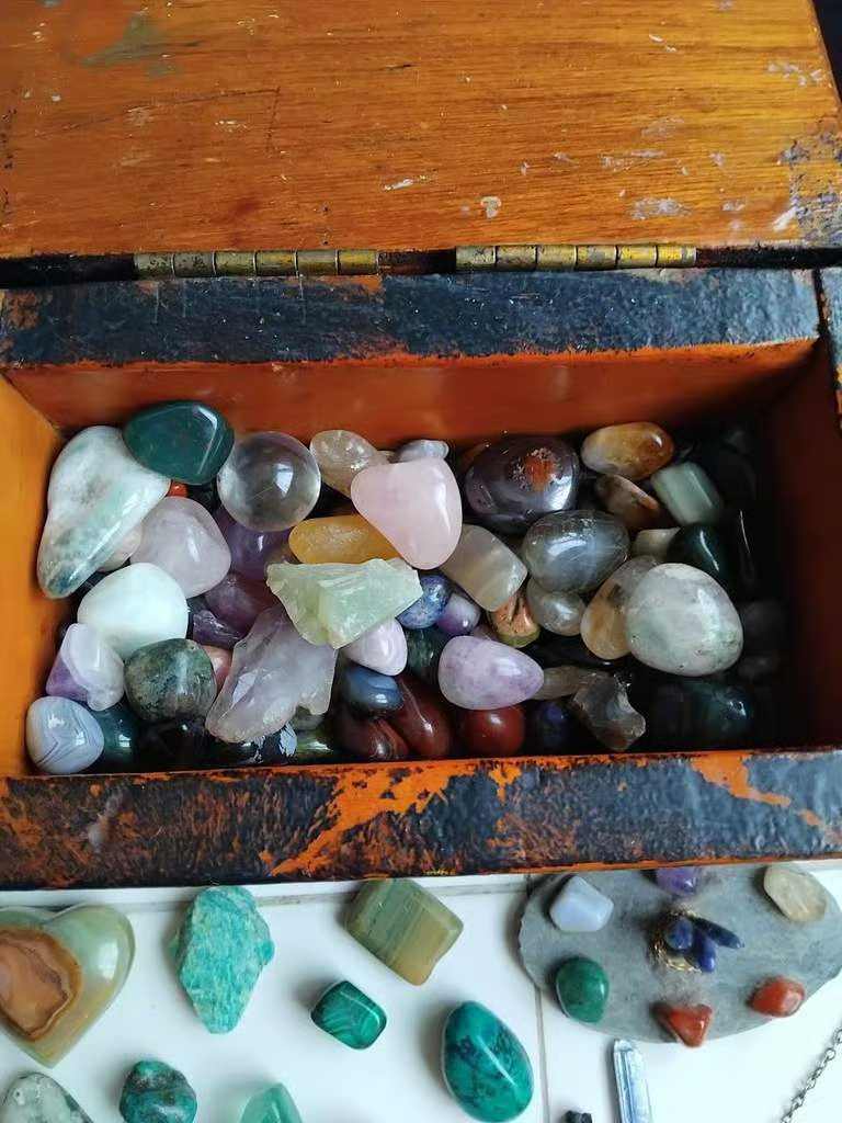 A Large Amount of Crystals, Some Natural, and Tumblestones, 2 Crystal Wands, and 2 Crystal Pendulums