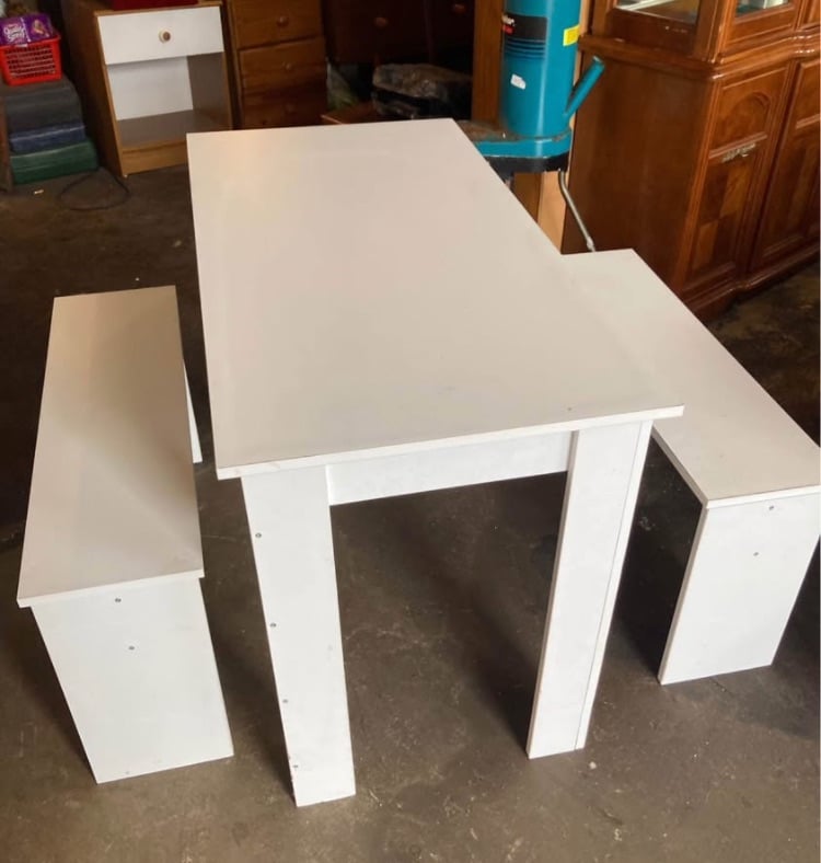 image for White wooden rectangular table with 2 bench seats 