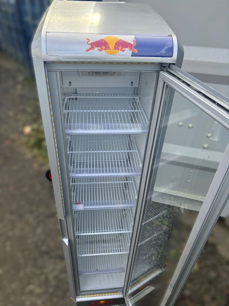 Red Bull Upright Display Fridge – Fully Working – Blue LED Lighting – £700