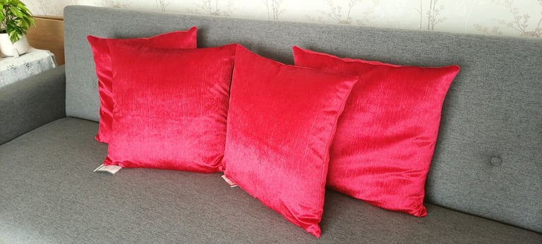 4 New Red Cushions from Dunelm Mill, 43x43cm, 17x17", Velour, Slight Shimmer, RRP £8+£5 each