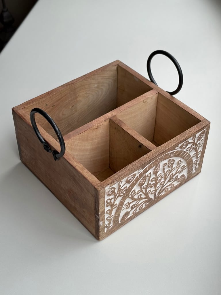image for Carved Wooden Storage Caddy with Handles