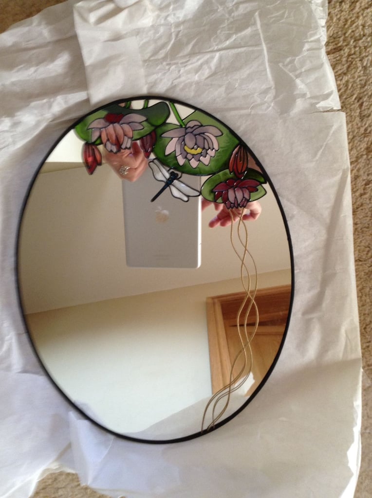 Mirror, ornate hand painted glass, table top or wall 