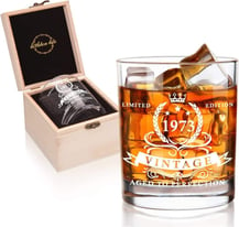 50th Birthday Gifts for Men,1973 Whiskey Glass in Valued Wooden Box