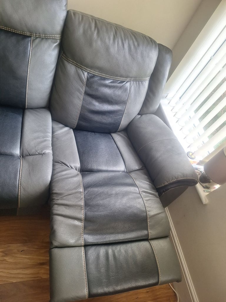 Grey and Black Leather 3 seater 2 length recliner sofa