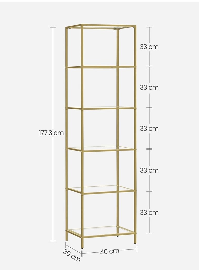Glass Shelf Bookcase Steel Structure Gold Colour