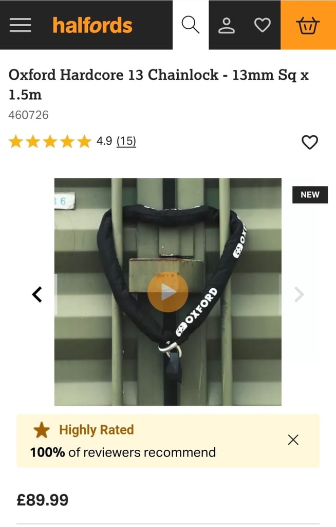 image for Oxford Hardcore 13 Chainlock - 13mm Sq x 1.5m