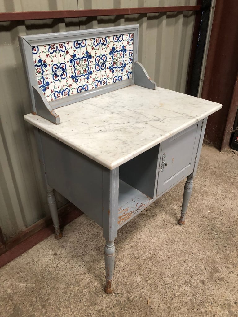 Small Antique Wash Stand, Tiled Back, Marble Top, Need Painted