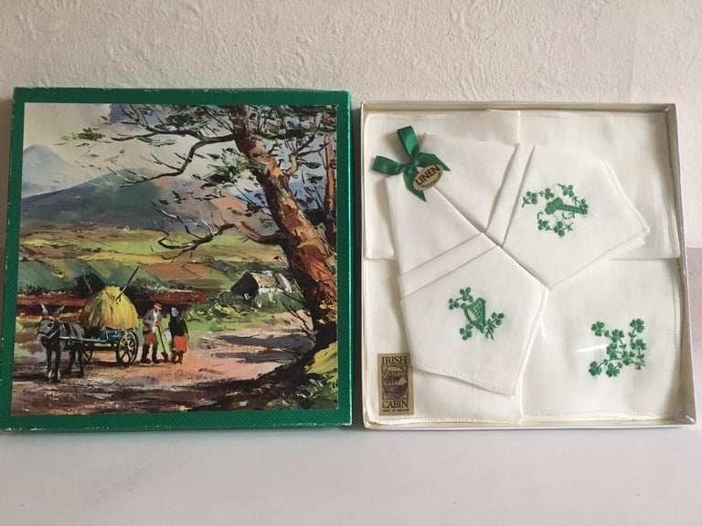 IRISH LINEN HANDKERCHIEFS in vintage box Shamrock clover Celtic harp